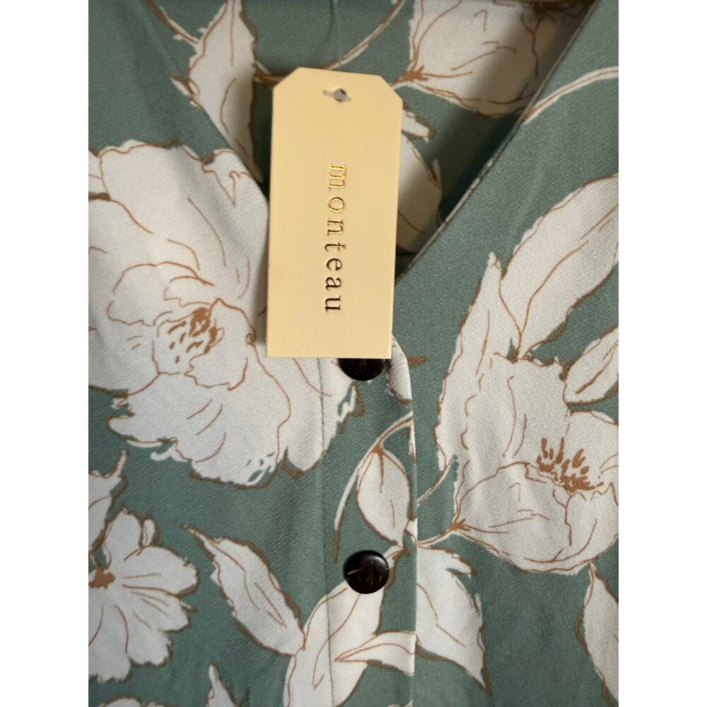 Monteau Sage Green White Floral Print Button VNeck Short Sleeve Midi Dress Small - Picture 7 of 8